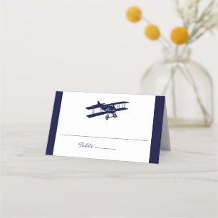 Tarjeta De Asiento Boda azul de la Marina Oscura de Biplane Vintage