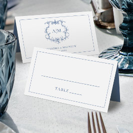 Tarjeta De Asiento Boda azul Escudo floral barroco victoriano  azul