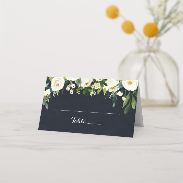 Tarjeta De Asiento Boda azul real floral blanca verde (Anverso)