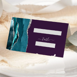 Tarjeta De Asiento Boda Azul Teal Plateado Agata Púrpura Chic