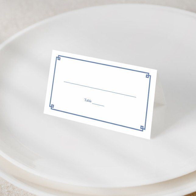 Tarjeta De Asiento Boda Azul Y Blanco Elegante Impresión Chinoiserie (Elegant blue and white greek key border place card with classic chinoiserie print reverse)