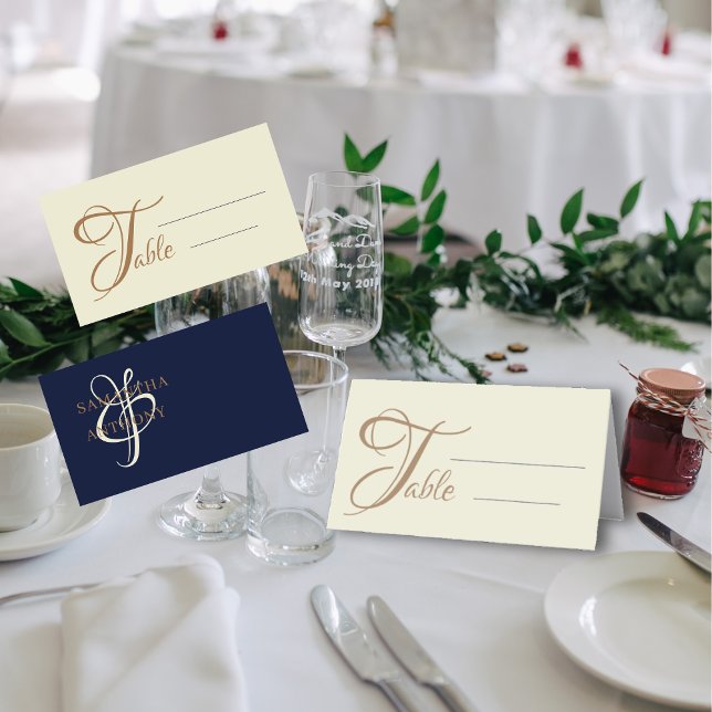 Tarjeta De Asiento Boda azul y oro de la Marina moderna (Subido por el creador)