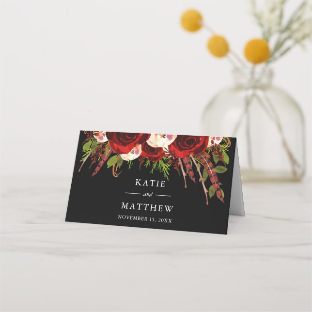Tarjeta De Asiento Boda Black Burgundy Floral Boho (Reverso)