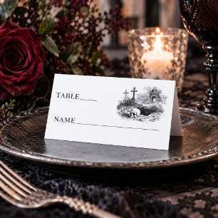 Tarjeta De Asiento Boda Blanca Vintage Gótico Negro Toile Tumbas