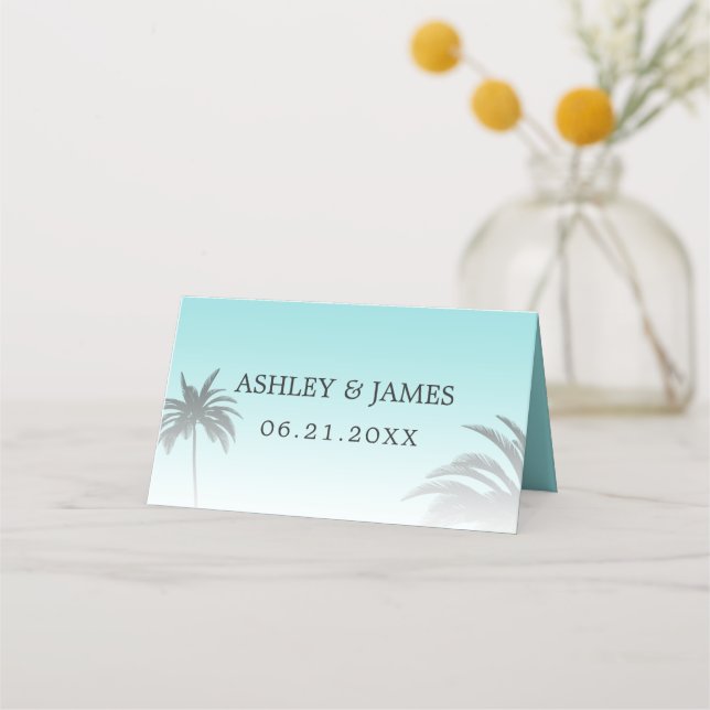 Tarjeta De Asiento Boda Blue Tropical Palm Tree Beach (Anverso)