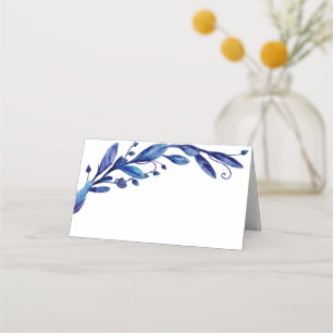 Tarjeta De Asiento Boda botánica de acuarela azul. Foliaje floral