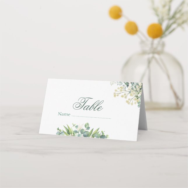 Tarjeta De Asiento Boda botánica de eucalipto y flores blancas (Anverso)