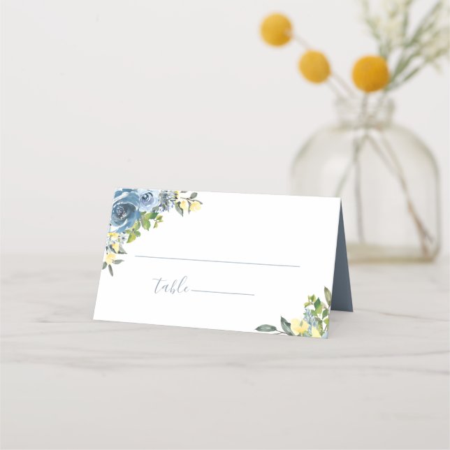 Tarjeta De Asiento Boda Botánico Amarillo Azul Dusty (Anverso)