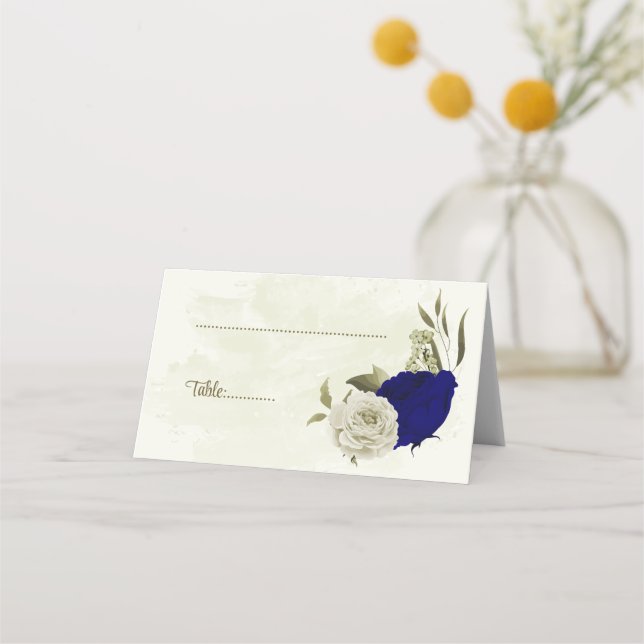 Tarjeta De Asiento Boda botánico de flores beige azules reales (Anverso)