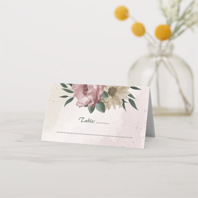 Tarjeta De Asiento boda botánico de flores de champán rosa (Anverso)