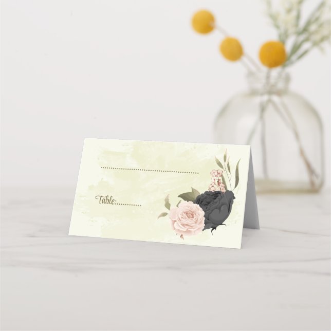 Tarjeta De Asiento boda botánico de flores negras y rubíes (Anverso)