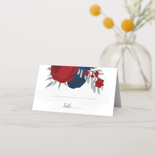 Tarjeta De Asiento boda botánico de flores rojas y azul marino oscura (Anverso)