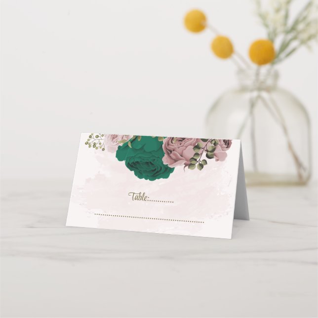 Tarjeta De Asiento boda botánico de flores rosadas verdes esmeraldas (Anverso)