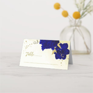 Tarjeta De Asiento Boda botánico de oro de flores azules reales