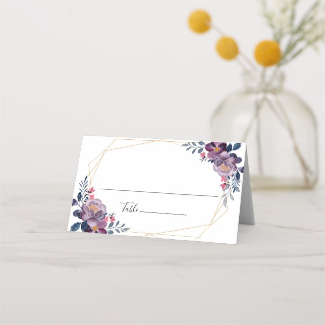 Tarjeta De Asiento Boda Botánico Geométrico Morado Floral (Anverso)