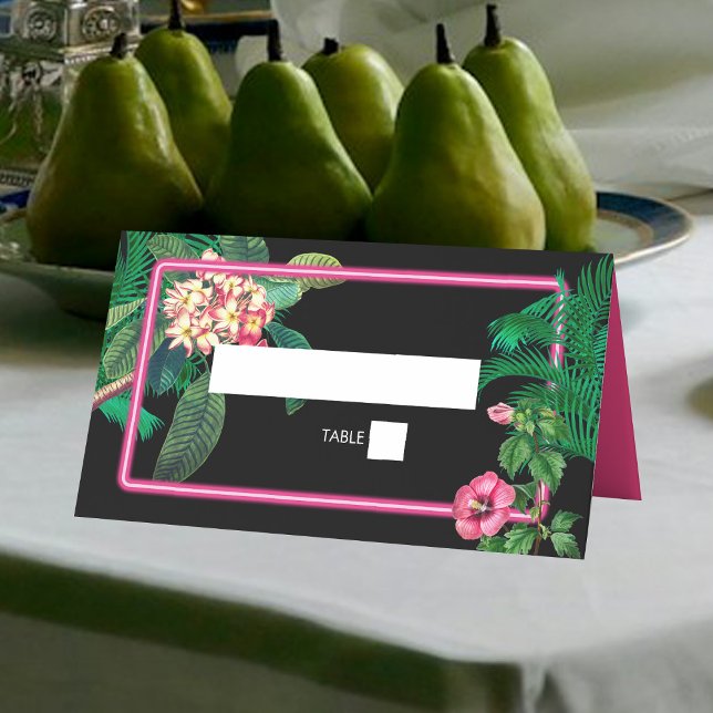 Tarjeta De Asiento Boda Botánico Retro Tropical Neón Rosa (Neon Pink Tropical Retro Botanicals Wedding Place Card)