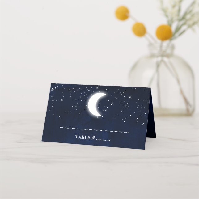 Tarjeta De Asiento Boda celeste acuarela azul cielo estrellas Luna (Anverso)