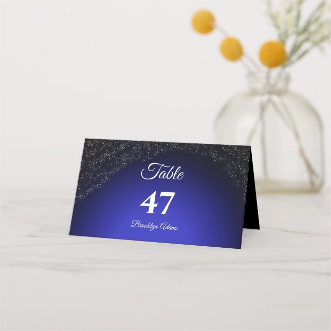 Tarjeta De Asiento Boda celeste Luna y Estrellas plenas azul medio no (Anverso)