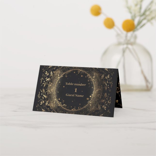 Tarjeta De Asiento Boda Celestial de Oro Negro Místico (Anverso)