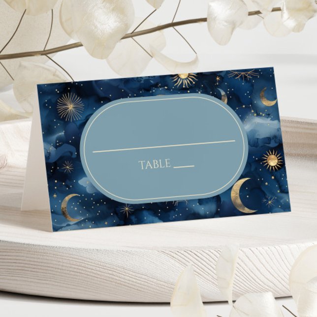 Tarjeta De Asiento Boda Celestial Elegante Estrellado Cielo Azul Dora (Subido por el creador)