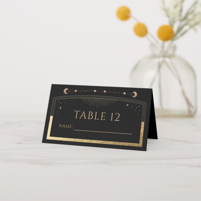 Tarjeta De Asiento Boda Celestial Sol Luna Estrellas Oro Negro (Anverso)