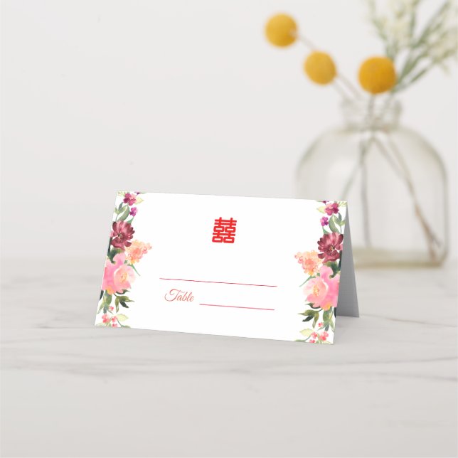 Tarjeta De Asiento Boda china de flores de acuarela moderna (Anverso)