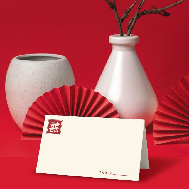 Tarjeta De Asiento Boda chino clásico cuadrado doble felicidad (Classic Square Double Happiness Modern Chinese Wedding Folded Place Card @ fatfatin_red_knot)