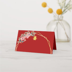 Tarjeta De Asiento Boda chino de floración dorada geométrica roja