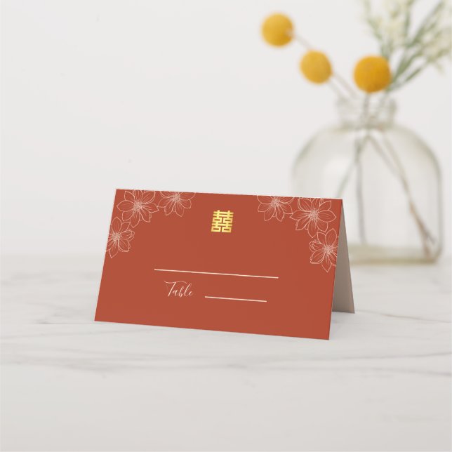 Tarjeta De Asiento Boda chino floral rojo Boho (Anverso)
