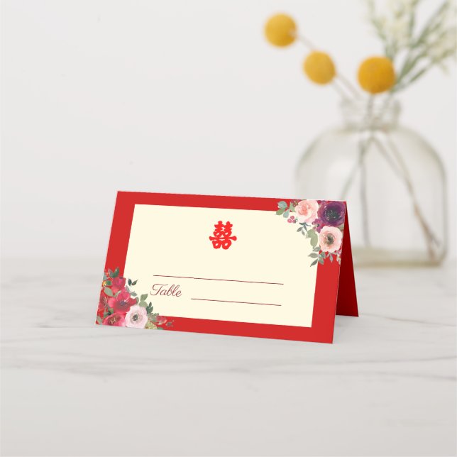 Tarjeta De Asiento Boda chino jardín de flores morado rojo (Anverso)
