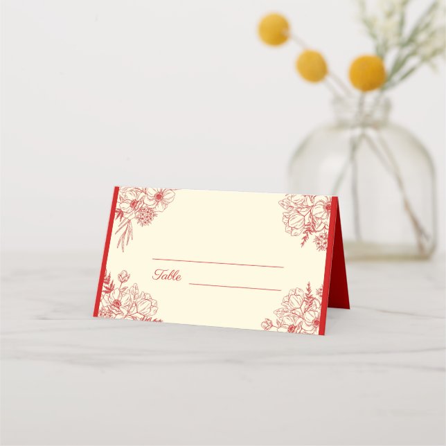 Tarjeta De Asiento Boda chino rojo beige floral oriental (Anverso)