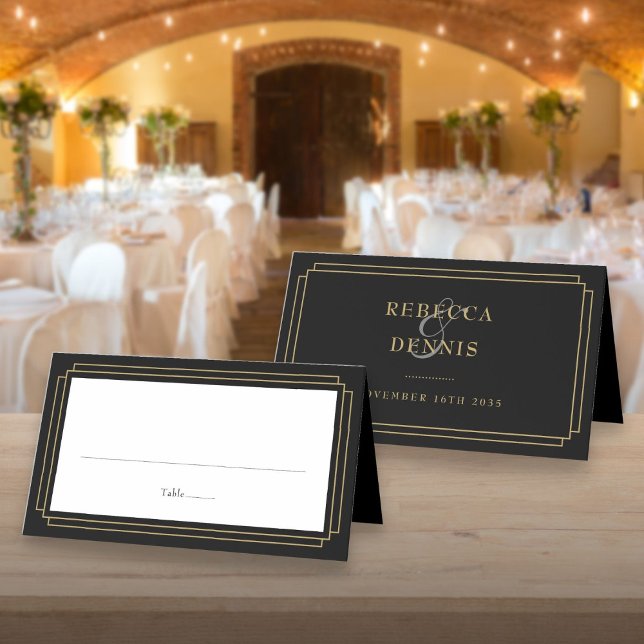 Tarjeta De Asiento Boda clásico Deco negro y oro (Classic Deco Black and Gold Wedding Place Card)