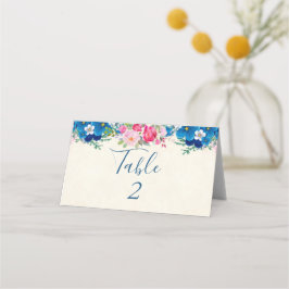 Tarjeta De Asiento Boda con borde de flores rosadas y azules Pretty