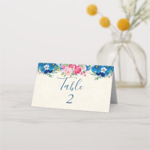 Tarjeta De Asiento Boda con borde de flores rosadas y azules Pretty
