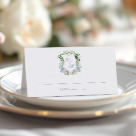 Tarjeta De Asiento Boda con Cresta Floral Azul Polvoriento