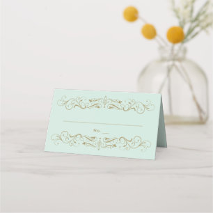Tarjeta De Asiento Boda con florituras de menta vintage y dorado anti