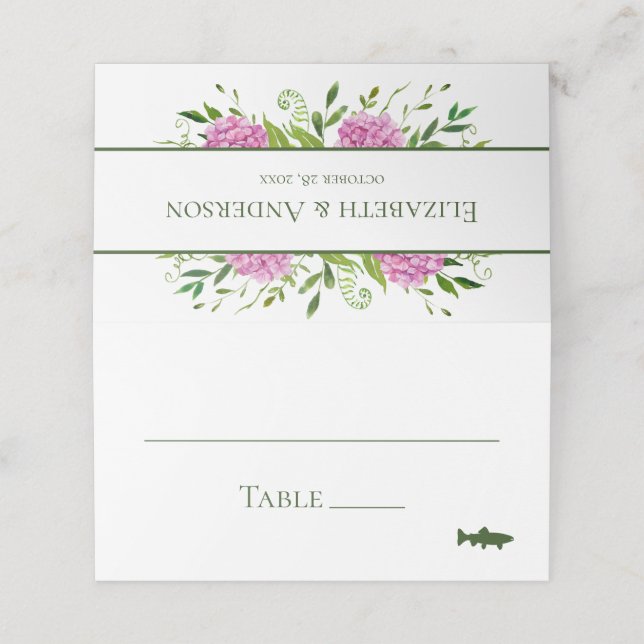 Tarjeta De Asiento Boda con Hortensias Rosadas (Exterior desplegado)