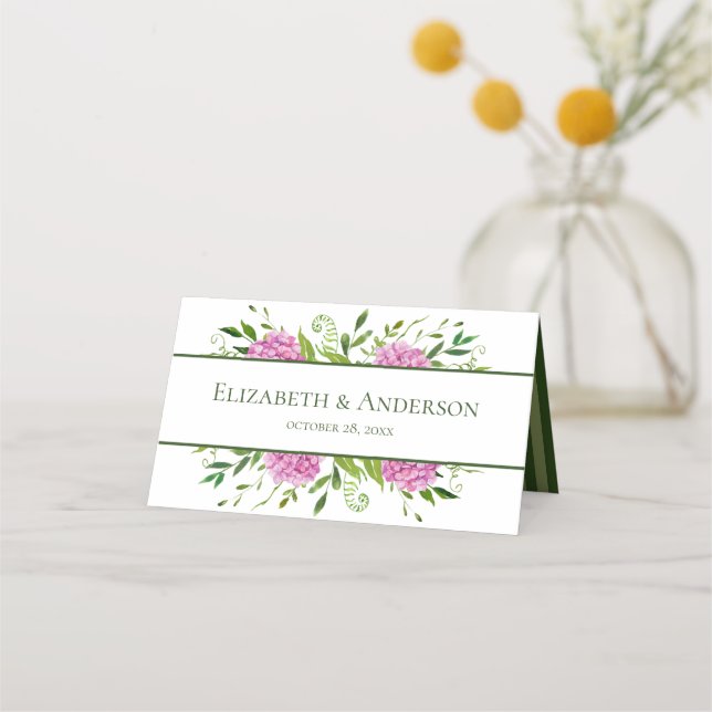 Tarjeta De Asiento Boda con Hortensias Rosadas (Anverso)