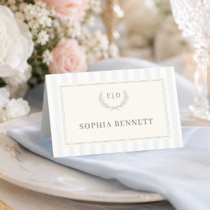 Tarjeta De Asiento Boda con Monograma a Rayas Azul y Salvia
