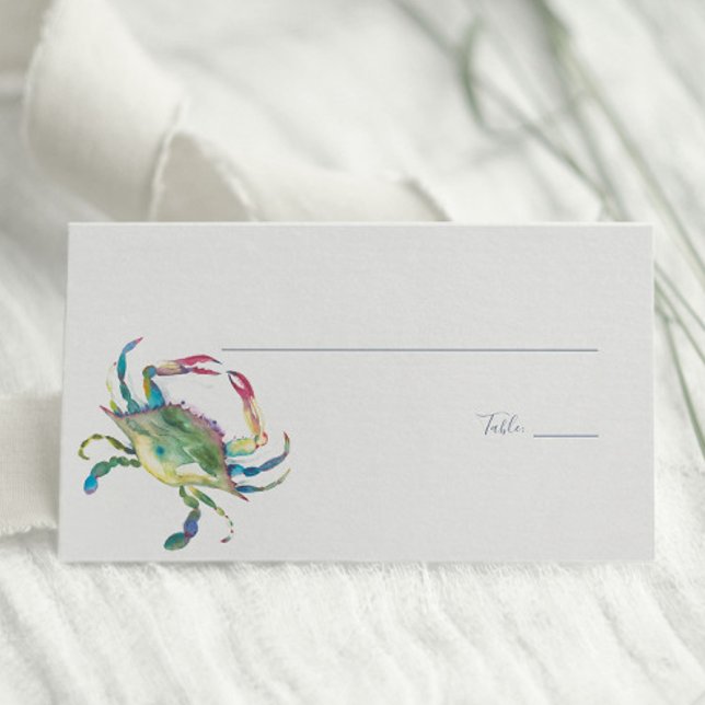 Tarjeta De Asiento Boda costero de cangrejo azul acuarela (Place cards feature watercolor blue crab beach art by Victoria Grigaliunas of Do Tell A Belle)