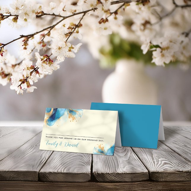 Tarjeta De Asiento Boda de acuarela azul y dorado abstracto (Subido por el creador)