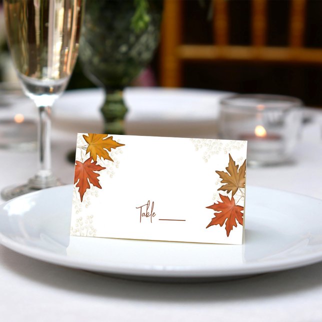 Tarjeta De Asiento Boda de acuarela de otoño de hojas de otoño (Fall leaves place card with stylish calligraphy script.)