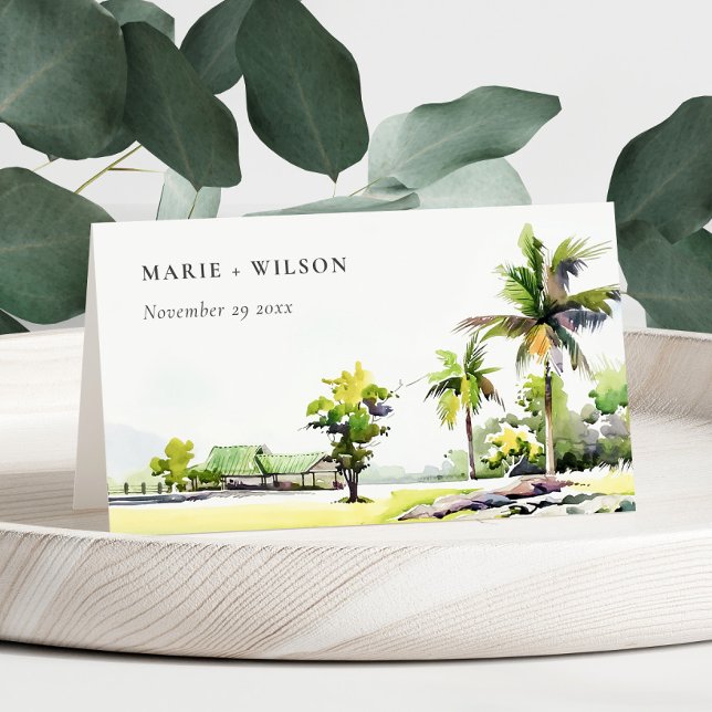 Tarjeta De Asiento Boda de acuarela de palmeras costeras tropicales (Subido por el creador)