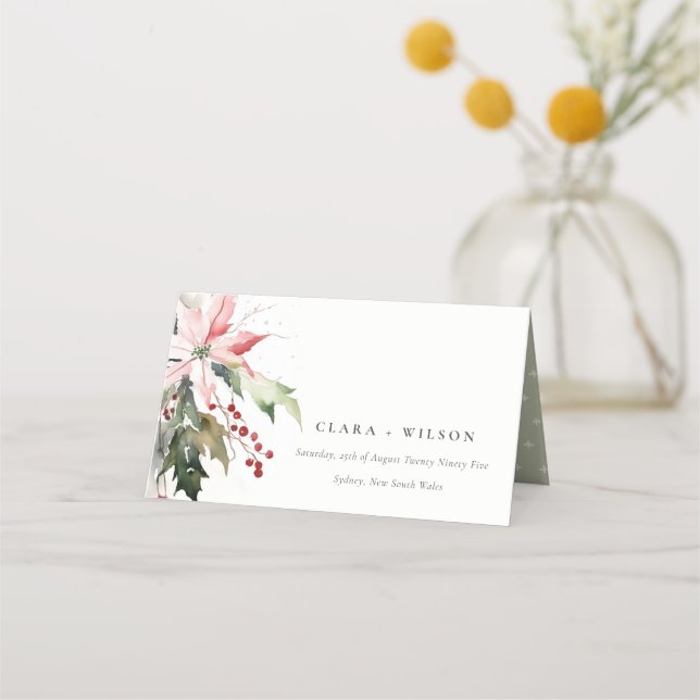 Tarjeta De Asiento Boda de acuarela de Poinsettia Berries Foliage (Anverso)