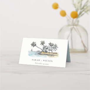 Tarjeta De Asiento Boda de acuarela del bosquejo de palmeras de playa