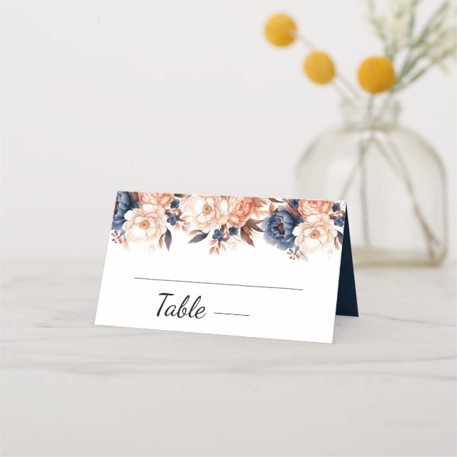 Tarjeta De Asiento Boda de acuarela floral azul turbio y terracota (Anverso)
