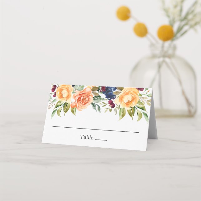 Tarjeta De Asiento Boda de acuarela floral de otoño personalizado (Anverso)