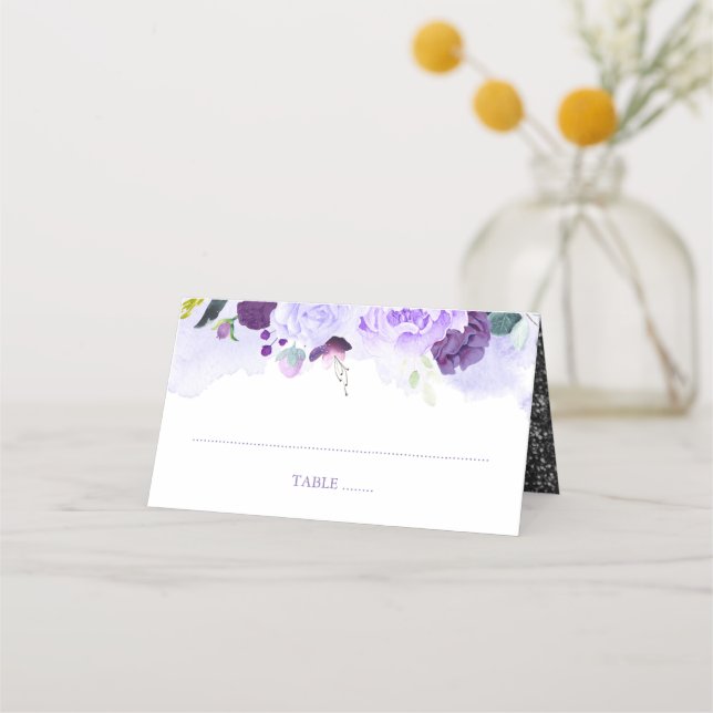 Tarjeta De Asiento Boda de acuarela floral morado y plateado (Anverso)