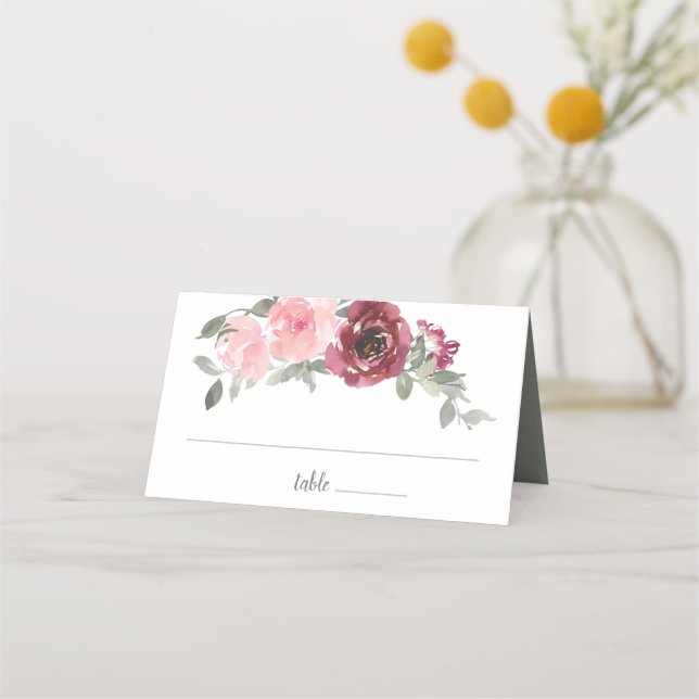 Tarjeta De Asiento Boda de acuarela floral rosa borgoña gris (Anverso)