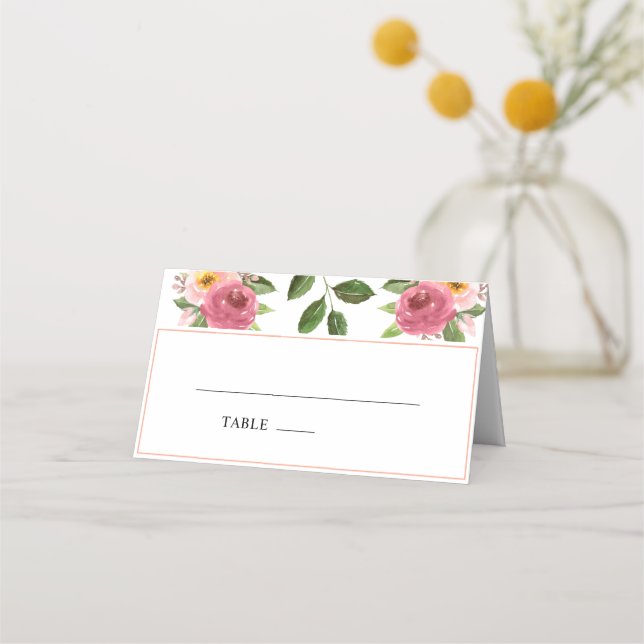 Tarjeta De Asiento Boda de acuarela floral rosa de Rubor (Anverso)